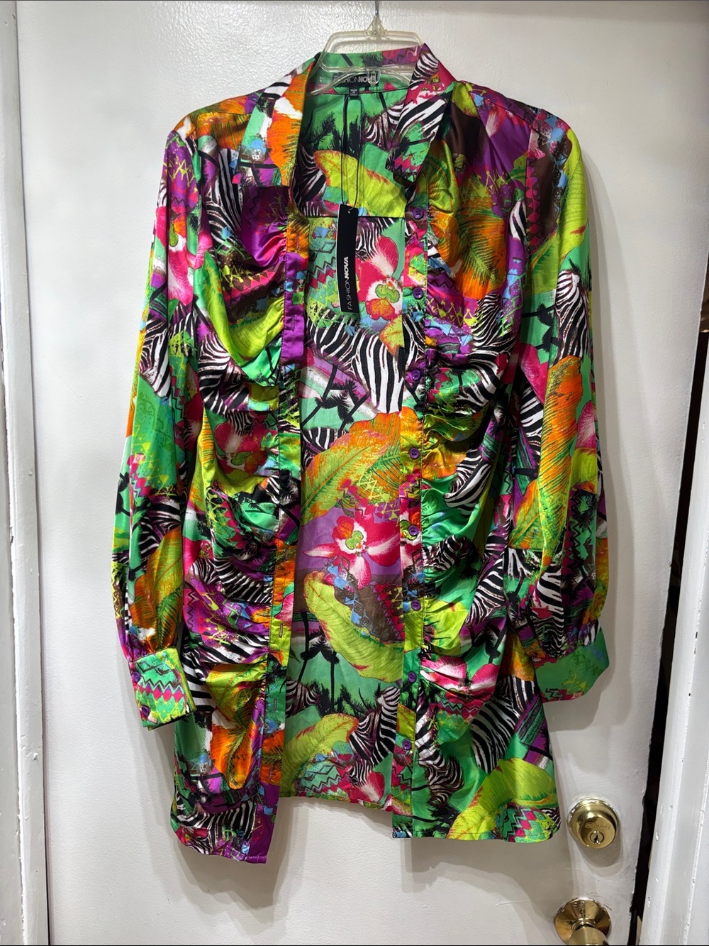 Fashion Nova Multicolor Tropical Zebra Print Satin Blouse